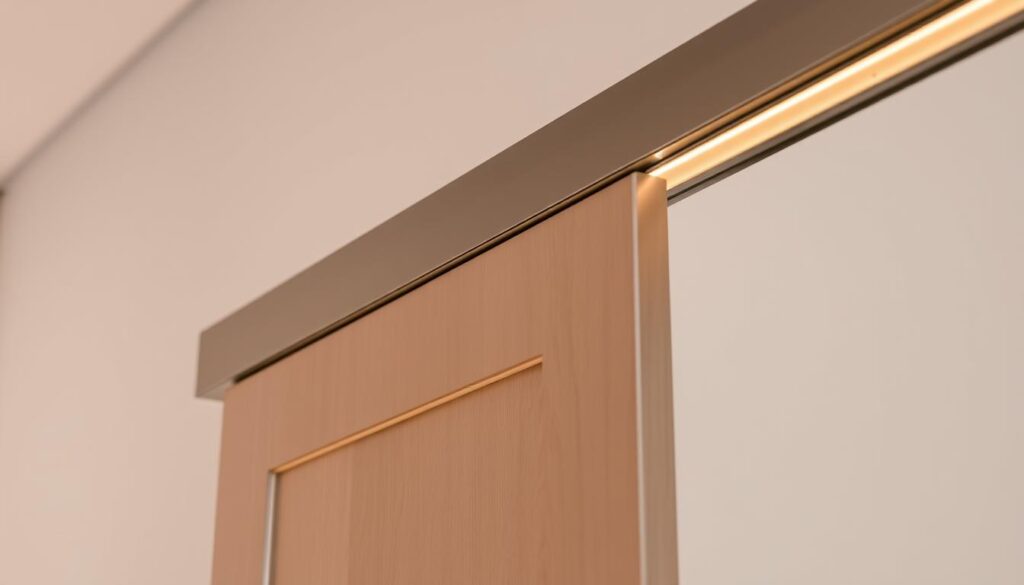 A sleek, minimalist indoor sliding door track system, featuring a brushed aluminum or stainless steel rail with a low-profile design. The track is mounted flush against the wall, creating a seamless, integrated look. Smooth ball-bearing rollers glide effortlessly, enabling quiet, precise door movement. Intricate engineering ensures secure, stable operation with a soft-close mechanism for a gentle, controlled stop. Durable weatherstripping lines the frame, providing an airtight seal and enhanced insulation. Dramatic side lighting casts a warm, ambient glow, accentuating the track's clean, contemporary aesthetic. The resulting image should convey a sense of quality, functionality, and elegant simplicity suitable for an interior design showcase.