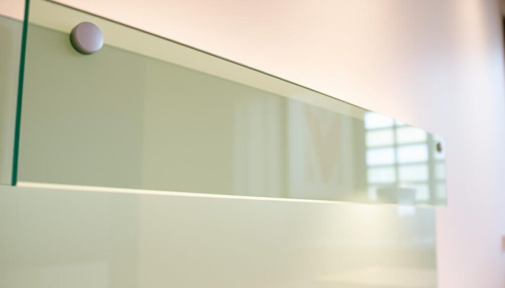 A sleek, minimalist kitchen backsplash made of tempered glass, seamlessly mounted on the wall with discrete hardware. The surface reflects the warm, diffused lighting, casting a soft glow throughout the space. Smooth, precise edges create a clean, professional look, perfectly suited for the "Einfache Montage und saubere Demontage" section. The glass panel is positioned at a slight angle, showcasing its elegant, low-profile design. Shadows and highlights accentuate the high-quality materials and attention to detail, elevating the mundane into a stylish, functional centerpiece.