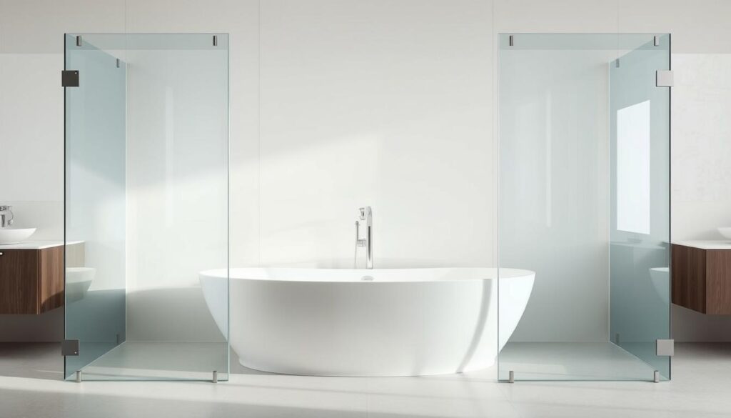 A sleek, modern badewannenaufsatz (bathtub enclosure) made of high-quality tempered glass, elegantly framing a luxurious freestanding bathtub. The glass panels seamlessly integrate with the bathroom's minimalist aesthetic, allowing natural light to flood the space and create a sense of openness. Subtle chrome hardware accents provide a polished finishing touch, while the carefully designed hinges and seals ensure a smooth, water-tight operation. Captured in a soft, ambient lighting setup that accentuates the glass's transparency and the bathtub's inviting curves, this image embodies the perfect blend of form and function for a contemporary, spa-like bathroom experience.