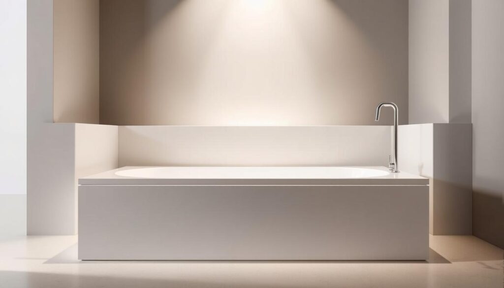 A sleek, modern bathroom accessory in a minimalist, high-quality design. An AQUABATOS bathtub surround, crafted from durable, scratch-resistant materials, seamlessly blending form and function. Subtle chrome accents complement the clean, rectangular silhouette, creating a sophisticated, spa-like ambiance. Perfectly positioned lighting casts a warm, even glow, highlighting the premium materials and precise engineering. Captured from a low, angled perspective to emphasize the product's sturdy construction and elegant profile, against a backdrop of muted, neutral tones that allow the bathtub surround to take center stage.
