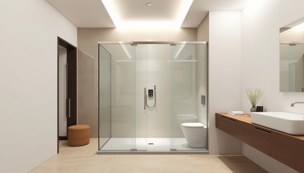 A sleek, modern bathroom with a spacious walk-in shower. The focal point is the seamless, frameless glass doors that slide effortlessly, inviting you into the wet area. The shower base is either flush with the floor for a minimalist, bodengleich design, or raised on a duschwanne for a more traditional aesthetic. Soft, directional lighting from above creates a warm, relaxing ambiance, while the neutral color palette of natural stone or tile lends an air of sophistication. The layout is thoughtfully planned, with ample space for movement and storage. Every detail has been carefully considered to create a luxurious, spa-like experience.