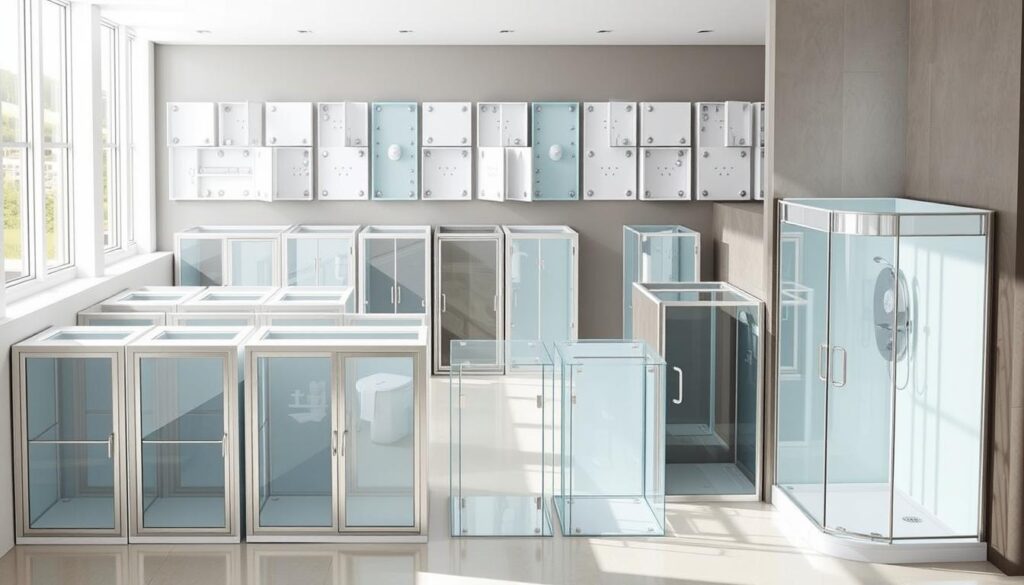 A sleek, modern bathroom with a variety of walk-in shower enclosure designs, showcasing different configurations, sizes, and glass panel arrangements. The foreground features several shower cubicles with sliding doors, some with simple, minimalist frames, others with more intricate patterns. The middle ground includes a selection of corner showers, some with fixed panels, others with seamless glass walls. In the background, a range of shower layouts are displayed, demonstrating how these modular systems can be integrated into various bathroom sizes and layouts. The scene is brightly lit, with a clean, airy atmosphere that highlights the transparent, reflective nature of the glass elements. The overall impression conveys the versatility and customizable nature of these walk-in shower solutions.