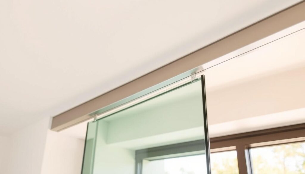 A sleek, modern ceiling-mounted sliding door system, with a minimalist aluminum track gliding smoothly against a bright, airy backdrop. The polished, anodized rail reflects the warm, natural light, creating a sense of refined elegance. Subtle details, such as the discreet hardware and the seamless integration into the surrounding architecture, showcase the system's precision engineering and high-quality craftsmanship. The overall composition exudes a harmonious, sophisticated atmosphere, perfectly complementing the refined aesthetic of the glass sliding doors.