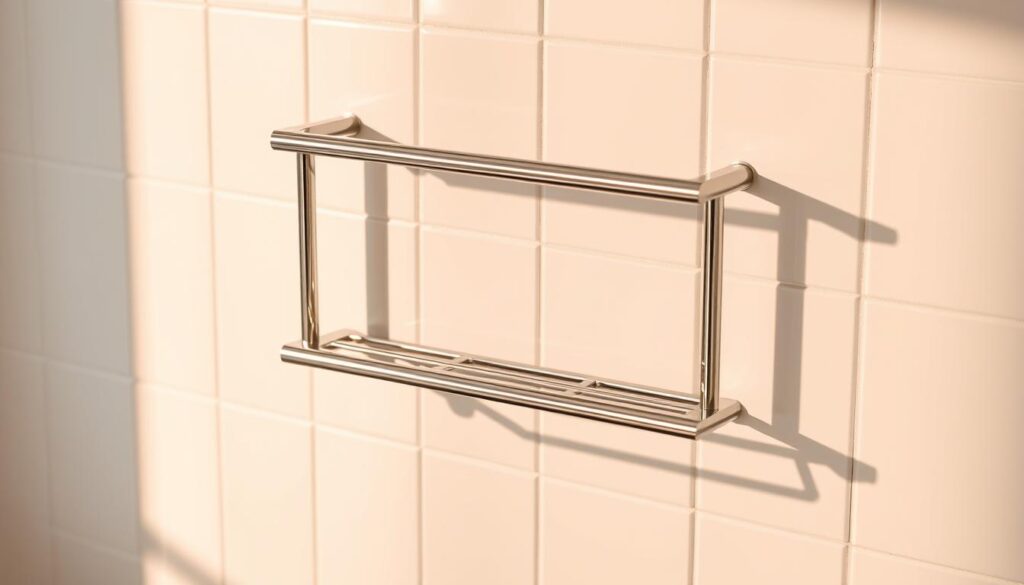 A sleek, modern chrome bathroom accessory, a 2-tier towel rack with a minimalist design. The fixture is mounted on a white tiled wall, casting clean, crisp shadows. Warm, natural lighting illuminates the polished metal, highlighting its smooth, reflective surface. The towel rack is positioned at a slight angle, creating a sense of dynamic movement. The overall scene conveys a sense of simple sophistication and functional elegance, perfectly suited for a contemporary bathroom interior.