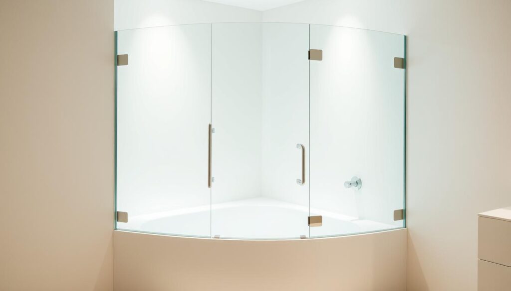 A sleek, modern corner bathtub enclosure made of tempered glass, with a minimalist, frameless design that seamlessly blends into the bathroom's interior. The enclosure's panels are arranged in an L-shape, creating a spacious, open entryway. The glass panels are thick and sturdy, providing a sense of quality and durability. The edges are smooth and polished, reflecting the light to create a bright, airy atmosphere. The enclosure is positioned in the corner of the bathroom, maximizing the available space and creating a visually striking focal point. The lighting is soft and diffused, casting a warm glow over the glass surfaces. The overall composition conveys a sense of luxury, simplicity, and functionality, perfectly suited for a high-end bathroom design.