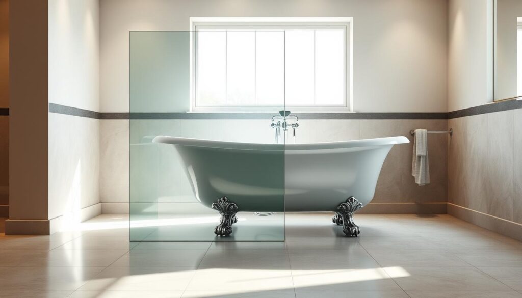 A sleek, modern duschwand (shower wall) made of tempered glass stands beside a clawfoot bathtub, casting a reflection on the polished tile floor. The glass panel, frameless and seamless, curves gently to follow the contours of the tub. Soft, diffused lighting from recessed fixtures creates a warm, spa-like ambiance, while natural daylight filters in through a large window, illuminating the scene. The duschwand is positioned as a standalone partition, its clean lines and minimalist design complementing the classic elegance of the claw-footed tub. This versatile shower enclosure could be configured as a single panel, a foldable design, or with an additional side wall, tailored to the specific needs of the bathroom space.