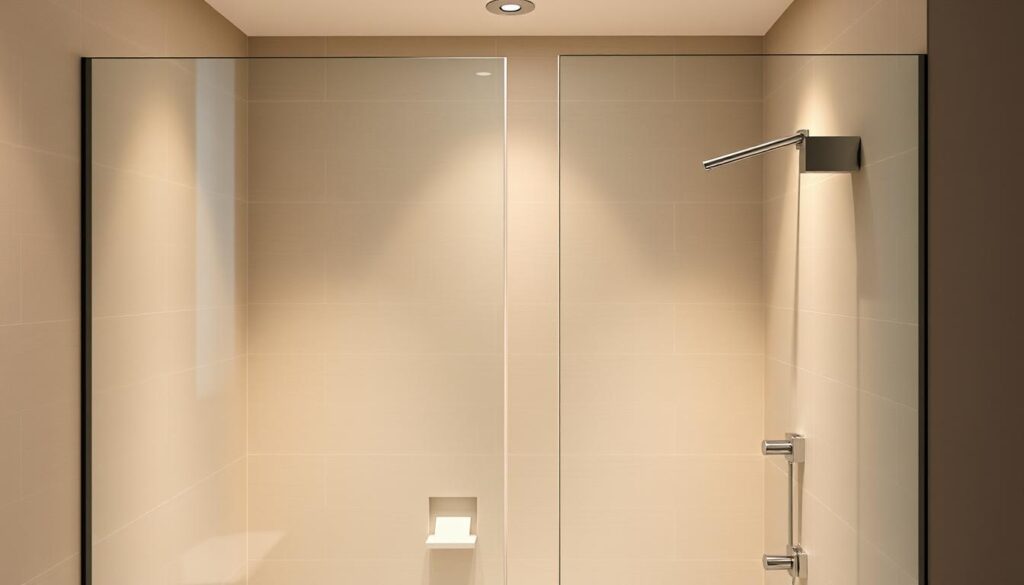 A sleek, modern glass shower enclosure dominates the frame, its clean lines and seamless design highlighting the elegant minimalism of the bathroom's aesthetic. Soft, diffused lighting from concealed sources creates a warm, inviting atmosphere, accentuating the luxurious, spa-like ambiance. The shower wall's frameless glass panels are strategically positioned to maximize the sense of openness and spatial flow, blending effortlessly with the smooth, polished tile surfaces. Subtle hints of metallic accents, such as the shower hardware and minimalist fixtures, add a touch of refined sophistication to the overall composition. The scene exudes a harmonious balance of form and function, showcasing the design's ability to elevate the bathroom experience.