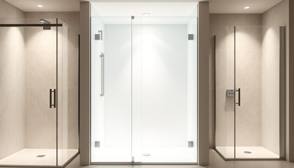 A sleek, modern glass shower enclosure in a variety of customizable designs, showcasing the versatility of milky, translucent glass. The enclosure is illuminated by soft, diffused lighting, creating a soothing, spa-like ambiance. The smooth, seamless panels feature subtle textures and patterns, adding visual interest while maintaining a clean, minimalist aesthetic. The frameless design and clear silhouette highlight the high-quality materials and precise craftsmanship. A harmonious blend of form and function, this glass shower enclosure embodies the perfect balance between style and practicality.