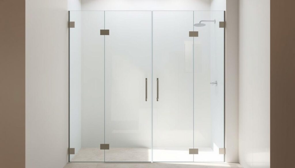 A sleek, modern glass shower enclosure stands in a well-lit bathroom. The frameless, transparent glass panels reflect the natural light, creating a clean, minimalist aesthetic. The surface of the glass is coated with a nano-scale protective layer, making it easy to maintain and resistant to water spots and soap scum. The shower floor is made of durable, slip-resistant tile, and the overall design seamlessly integrates form and function, showcasing the high-quality materials and attention to detail. The lighting, set to a warm, inviting tone, enhances the luxurious atmosphere, while the lack of visible hardware or fasteners gives the impression of a cohesive, floating structure. This image captures the essence of a low-maintenance, long-lasting glass shower enclosure that embodies both style and practicality.