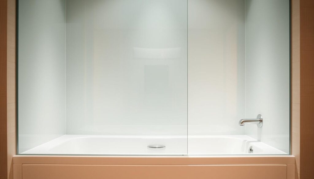 A sleek, modern glass shower enclosure with a custom-fitted bath panel, creating a seamless, integrated look. The glass panel is frameless, emphasizing the clean, minimalist design. Soft, even lighting illuminates the scene, casting a warm, inviting glow. The bath panel is a glossy, reflective surface, creating the illusion of depth and space. The overall aesthetic is one of sophistication and attention to detail, perfectly suited for a luxurious, spa-like bathroom environment.