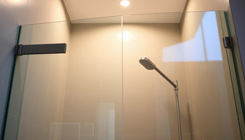 A sleek, modern glass shower enclosure with a sliding door system, showcasing the high-quality craftsmanship and durable construction. The tempered glass panels have a clean, frameless design, allowing natural light to flow through and creating a sense of openness. The smooth, seamless sliding mechanism operates effortlessly, highlighting the precise engineering and attention to detail. The overall aesthetic is minimalist and sophisticated, complementing a variety of bathroom styles and décor. Soft, diffused lighting from above casts a warm glow, enhancing the transparency and reflective properties of the glass. The image captures the essence of a luxurious, custom-tailored walk-in shower, embodying the essence of the "duschabtrennungen: Qualität, Glasstärken und Türarten" section.