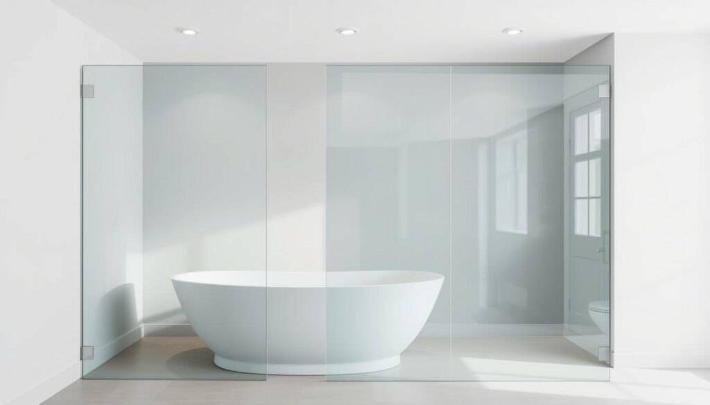 A sleek, modern glass shower screen against a classic, freestanding bathtub. The shower wall is made of tempered, frosted glass with clean, minimalist lines, seamlessly integrated into the bathtub alcove. Soft, diffused lighting from recessed ceiling fixtures creates a serene, spa-like ambiance. The room is bathed in a soothing palette of muted grays and whites, with subtle reflections and refractions in the glass creating a sense of depth and visual interest. The overall composition conveys a harmonious balance of form and function, perfectly suited for the "duschwand badewanne glas" section of the article. A sleek, modern glass shower screen against a classic, freestanding bathtub. The shower wall is made of tempered, frosted glass with clean, minimalist lines, seamlessly integrated into the bathtub alcove. Soft, diffused lighting from recessed ceiling fixtures creates a serene, spa-like ambiance. The room is bathed in a soothing palette of muted grays and whites, with subtle reflections and refractions in the glass creating a sense of depth and visual interest. The overall composition conveys a harmonious balance of form and function, perfectly suited for the "duschwand badewanne glas" section of the article.