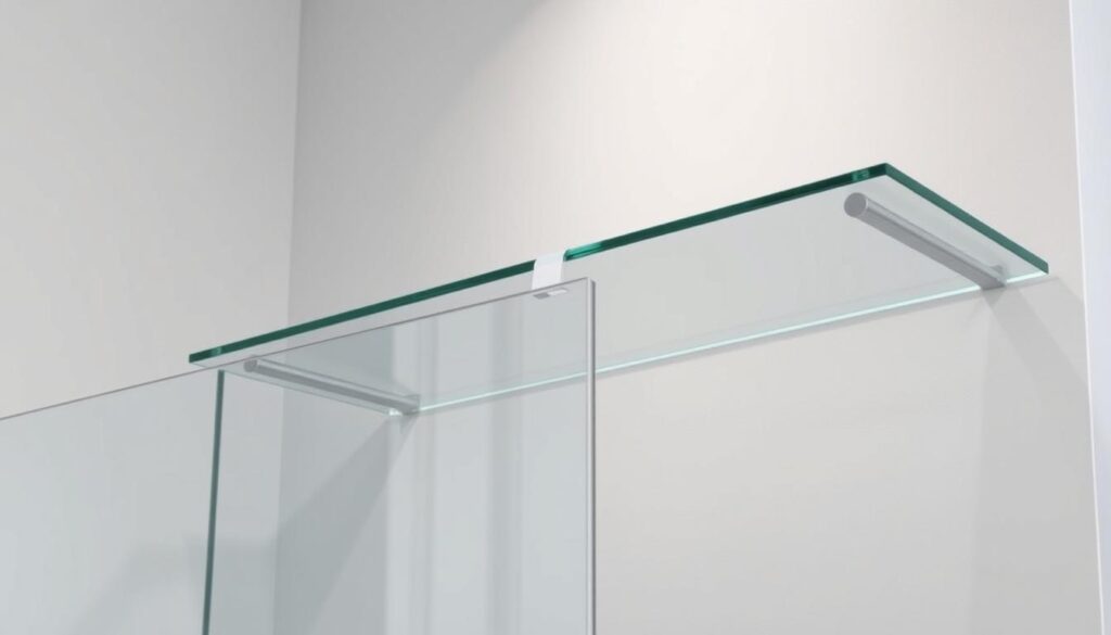A sleek, modern glass shower shelf suspended on a minimalist metal frame, illuminated by soft, natural lighting from above. The shelf's surface reflects the clean lines of the bathroom, creating a sense of understated elegance. The tempered glass offers a premium, durable surface to hold toiletries, with a subtle sheen that complements the adjacent glass shower enclosure. A well-designed, functional accessory that seamlessly integrates into the "Duschscheibe Glas" bathroom setting, ready to be quickly ordered and installed. A sleek, modern glass shower shelf suspended on a minimalist metal frame, illuminated by soft, natural lighting from above. The shelf's surface reflects the clean lines of the bathroom, creating a sense of understated elegance. The tempered glass offers a premium, durable surface to hold toiletries, with a subtle sheen that complements the adjacent glass shower enclosure. A well-designed, functional accessory that seamlessly integrates into the "Duschscheibe Glas" bathroom setting, ready to be quickly ordered and installed.