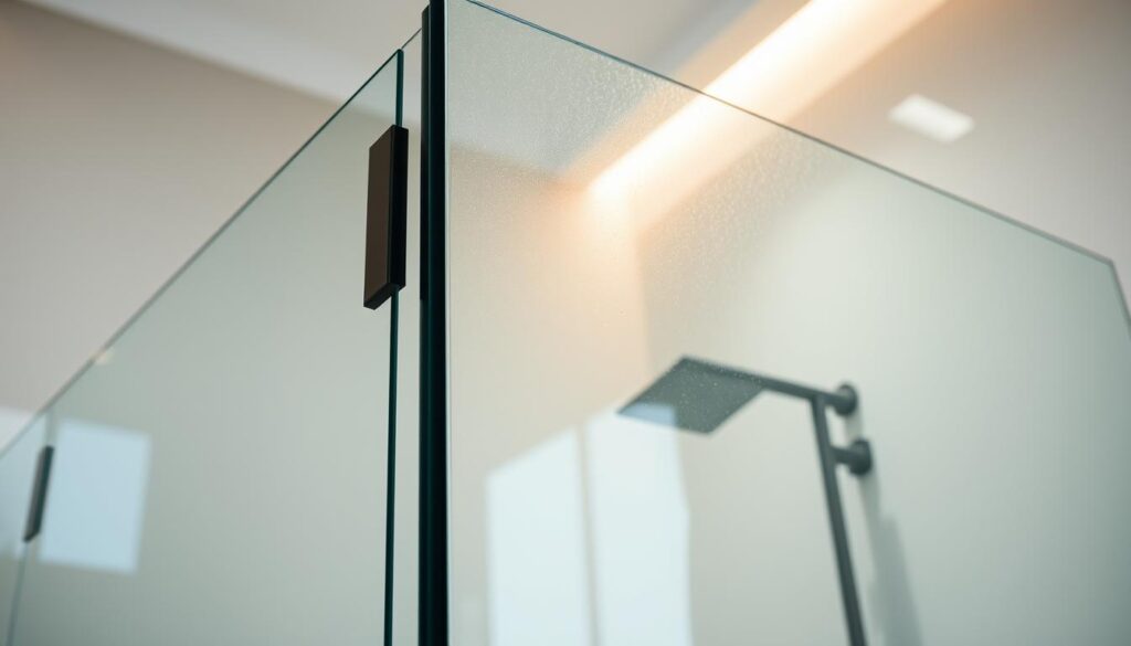 A sleek, modern glass shower wall featuring a minimalist, frameless design. The tempered safety glass (ESG) panel shimmers with a subtle translucence, allowing natural light to filter through. The brushed stainless steel hardware in a matte black finish accentuates the high-quality craftsmanship, while the seamless, easy-to-clean surface exudes a sense of elegance and functionality. The shower enclosure is captured from a low angle, emphasizing the expansive, airy feel of the space and the seamless integration of the glass partition. Soft, indirect lighting casts a warm, sophisticated glow, complementing the chic, contemporary aesthetic.