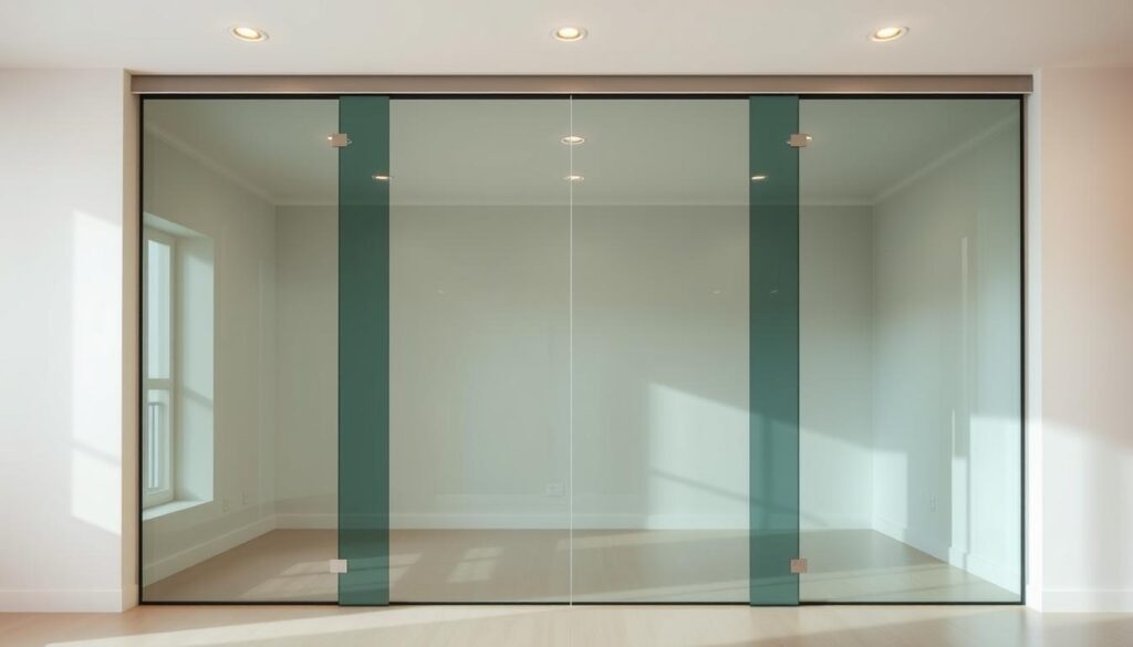 A sleek, modern glass sliding door set within a minimalist, light-filled interior. The frameless glass panels appear to float, reflecting the surrounding space and natural light. The door is mounted on a discreet, high-quality track system, allowing for smooth, effortless operation. The glass is tinted with a subtle, elegant hue that complements the neutral color palette of the room. Warm, diffused lighting from overhead fixtures creates a serene, inviting atmosphere. The design seamlessly blends functionality and aesthetic, elevating the space with a clean, contemporary look.