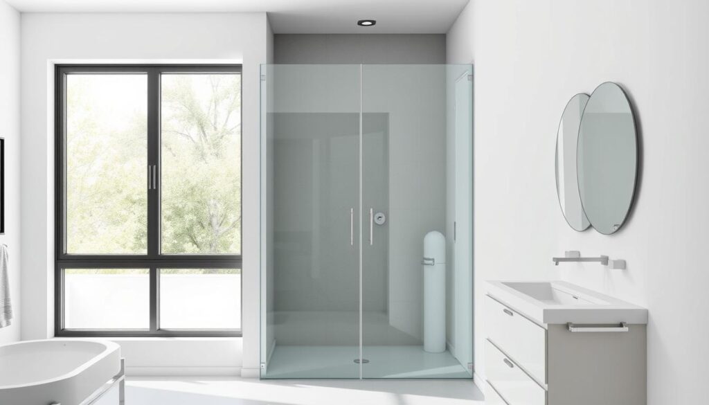 A sleek, modern glass sliding door stands in a bright, airy bathroom. The frameless glass panels reflect the natural light streaming in from large windows, creating a seamless, open feel. The door glides smoothly on its track, allowing for easy access and a smooth, uninterrupted flow between the bathroom and adjoining spaces. The glass is tempered for safety and features a subtle, minimalist design that complements the minimalist décor of the room. Subtle hardware and fittings in a matte finish add a touch of refinement. The overall aesthetic is one of contemporary elegance, effortlessly blending form and function.