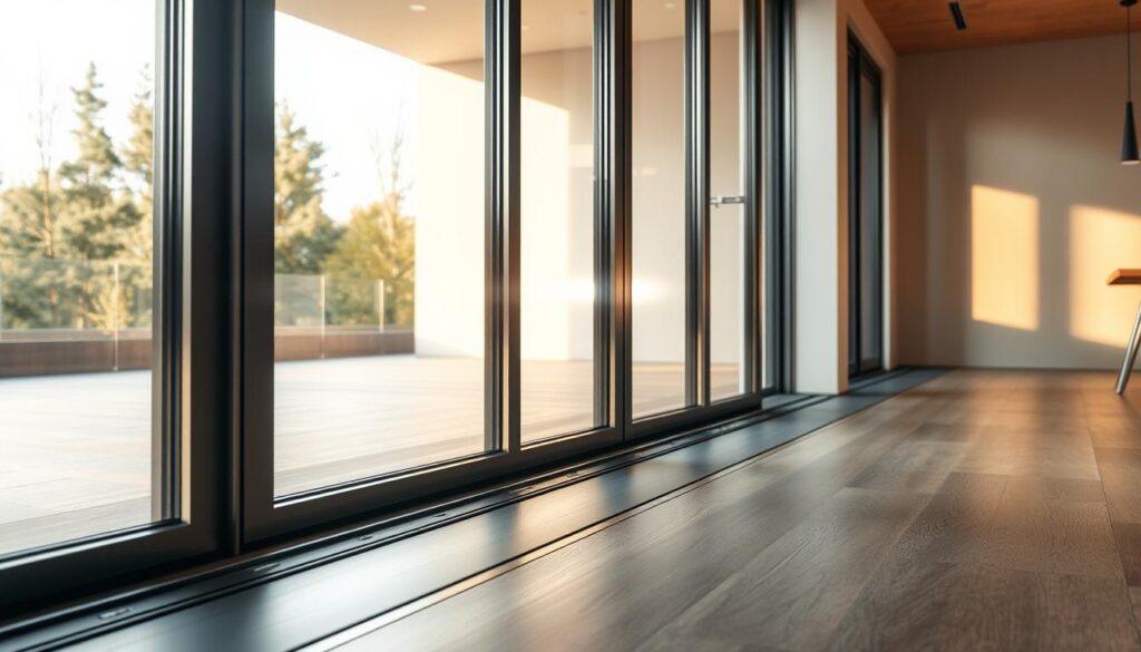 A sleek, modern glass sliding door system with a smooth, seamless floor track. The track features a series of discrete, low-profile rolling mechanisms embedded flush with the floor, enabling effortless, quiet operation. Warm, natural light filters through the expansive glass panels, illuminating the high-quality aluminum frame in a muted, contemporary palette. The overall scene conveys a sense of refined sophistication and attention to detail, perfectly suited for a premium interior design application.