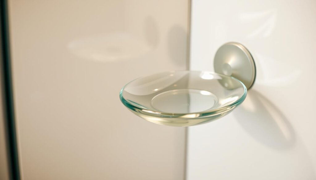 A sleek, modern glass suction cup soap dish, gently positioned on a smooth, minimalist shower wall. The dish's rounded edges and transparent glass surface reflect the warm, diffused lighting, creating a sense of refinement and practicality. The dish's subtle curvature complements the streamlined, wet-room aesthetic, seamlessly blending function and form. The scene exudes a calming, spa-like atmosphere, evoking a serene and organized shower experience. A sleek, modern glass suction cup soap dish, gently positioned on a smooth, minimalist shower wall. The dish's rounded edges and transparent glass surface reflect the warm, diffused lighting, creating a sense of refinement and practicality. The dish's subtle curvature complements the streamlined, wet-room aesthetic, seamlessly blending function and form. The scene exudes a calming, spa-like atmosphere, evoking a serene and organized shower experience.