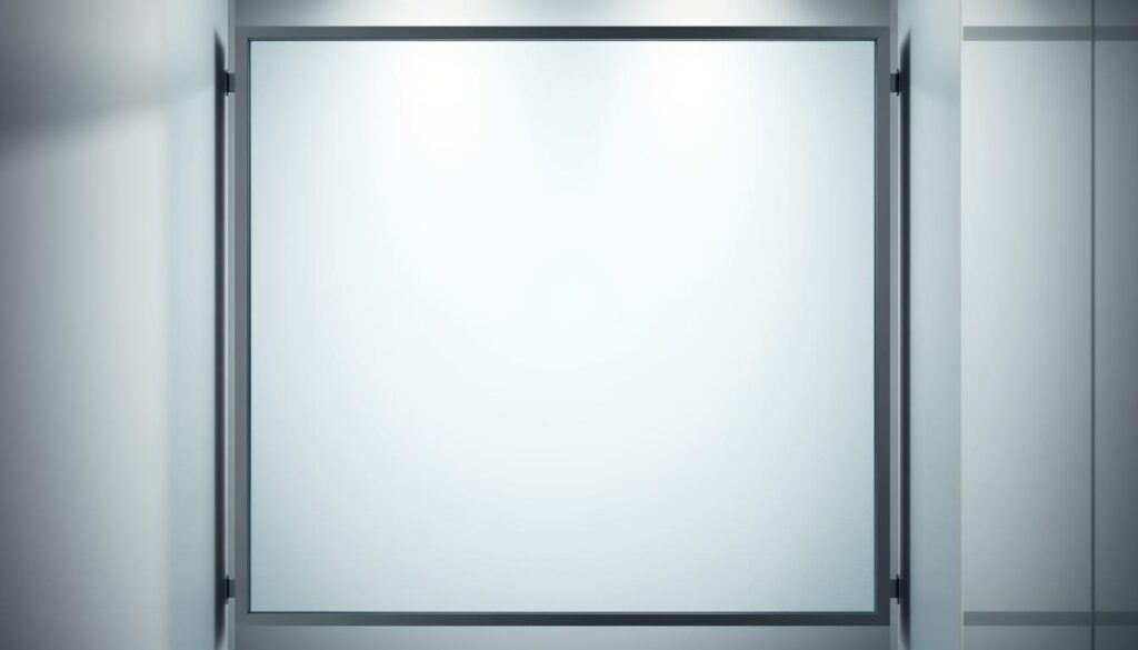 A sleek, modern glass wall panel in a clean, minimalist design. The surface is smooth and seamless, with a slightly frosted, translucent appearance that diffuses light beautifully. The panel is mounted in a sturdy, high-quality metal frame, creating a striking, architectural aesthetic. Subtle textural details add visual interest, while the overall composition conveys a sense of understated elegance and durability. Soft, directional lighting accentuates the material's depth and clarity, casting subtle shadows that enhance the depth and dimensionality of the piece. The glass wall panel is positioned in a serene, well-appointed bathroom setting, complementing the clean, contemporary styling.