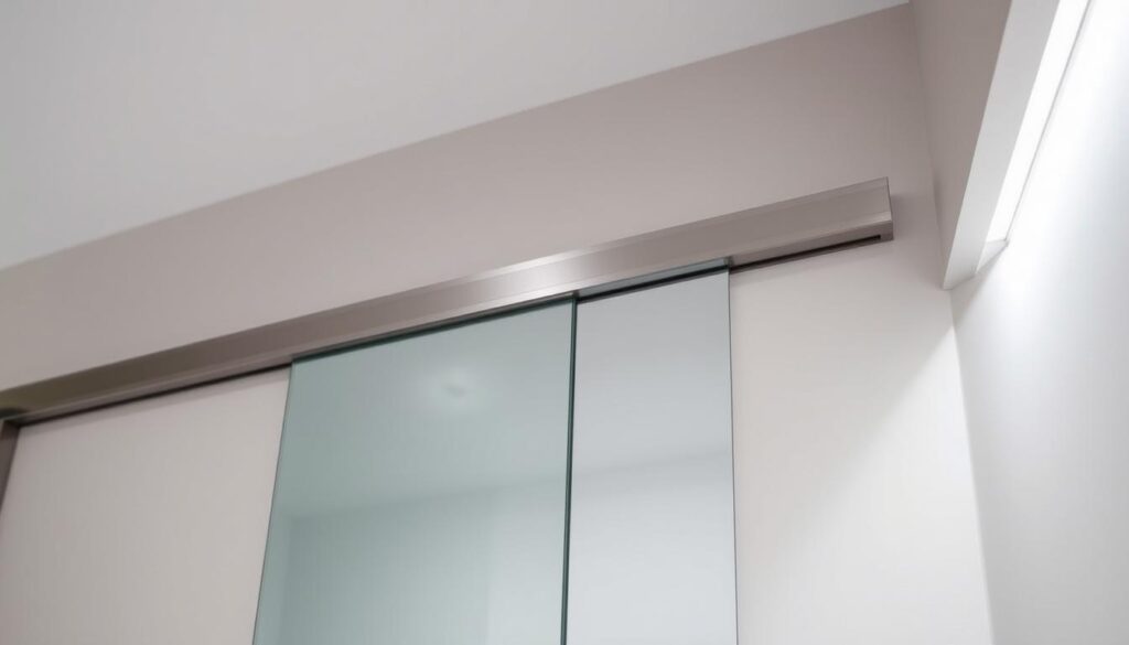 A sleek, modern interior featuring a sliding door that runs along the wall. The door is made of tempered glass, framed in a minimalist metal track system. Soft, even lighting illuminates the scene, highlighting the transparent nature of the glass and the seamless integration of the door into the wall. The background is a clean, neutral-toned wall, allowing the focus to remain on the sliding door mechanism. The overall atmosphere is one of simplicity, elegance, and functionality, perfectly suited for the "Innen Schiebetür" article section on "Systeme im Vergleich: vor der Wand laufend vs. in der Wand laufend".