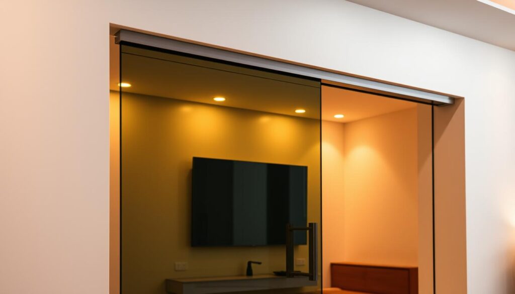 A sleek, modern interior with a recessed sliding door system built seamlessly into the wall. The sliding track is flush-mounted, creating a smooth, minimalist look. Warm, diffused lighting emanates from hidden fixtures, casting a cozy glow. The door itself is made of tempered glass, effortlessly gliding open and closed on high-quality hardware. The overall scene exudes a sense of sophistication, comfort and streamlined functionality - the perfect blend of design and engineering for a premium indoor sliding door solution.