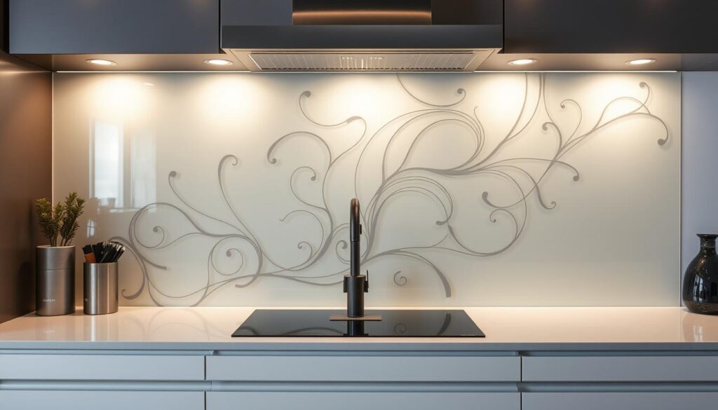 A sleek, modern kitchen backsplash made of tempered glass, featuring an intricate, artistic design motif. The motif is a mesmerizing pattern of organic, flowing shapes and lines, rendered in a subtle, muted color palette that complements the kitchen's aesthetic. The lighting casts a warm, diffused glow across the glass surface, highlighting the depth and dimensionality of the design. The backsplash spans the entire width of the kitchen, creating a visually striking and cohesive focal point. The overall effect is one of understated elegance and sophistication, perfectly suited to the "Designideen: von schlichter Farbe bis zum ausdrucksstarken Motiv" section of the article.