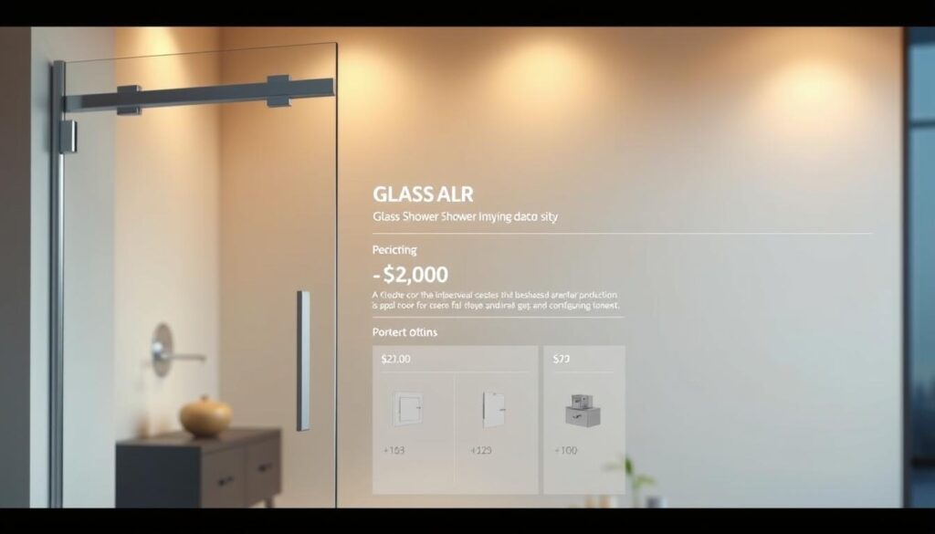 A sleek, modern product display showcasing a glass shower enclosure. The foreground features the shower door, with a clean, minimalist design and crisp edges. The glass panes are rendered with a high degree of transparency, allowing the viewer to see through to the background. The middle ground showcases the pricing and configuration options, presented in a clear, easy-to-read layout. The background is a soft, blurred interior scene, hinting at the product's intended application. Warm, diffused lighting illuminates the scene, creating a sense of warmth and sophistication. The overall composition conveys a balance of functionality, quality, and attention to detail.