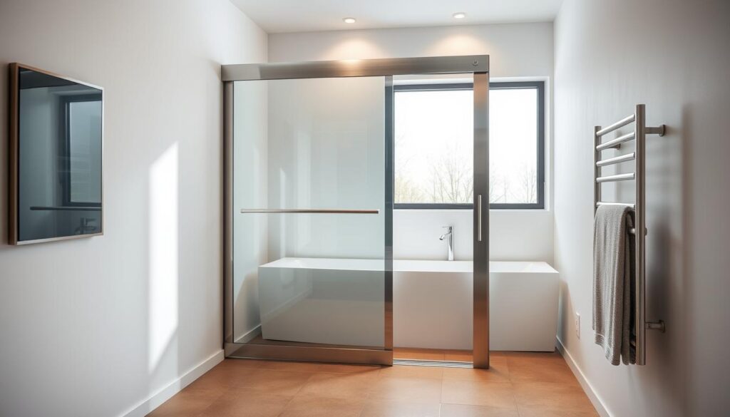 A sleek, modern schiebetür (sliding door) in a well-lit, minimalist bathroom setting. The door features a brushed stainless steel frame and tempered glass panels, creating a seamless, high-end aesthetic. The door glides effortlessly on sturdy, smooth-rolling casters, operating with a soft-close mechanism for a refined and quiet user experience. The bathroom is illuminated by a combination of natural light streaming through a large window and subtle recessed lighting, casting a warm, inviting glow. The floor is tiled in a neutral, earthy tone, complementing the clean lines and sophisticated design of the schiebetür. An elegant, chrome-finished towel holder is mounted nearby, completing the cohesive, high-quality look of the space.