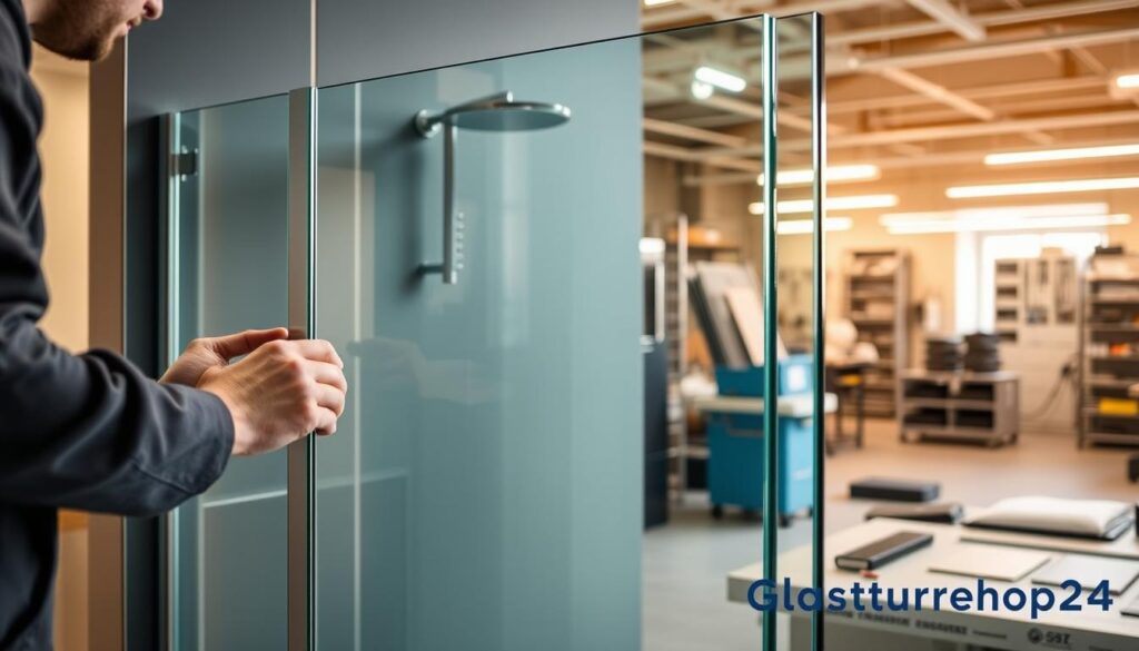 A sleek, modern service montage showcasing the seamless installation process of a premium glass shower enclosure. In the foreground, a technician skillfully measures and cuts the tempered glass panels, their hands moving with precision. The middle ground depicts the installation, the glass panels neatly fitted into the frame, creating a streamlined, minimalist aesthetic. In the background, a well-equipped workshop filled with specialized tools and materials, conveying the high-quality craftsmanship behind the service. Warm, diffused lighting casts a soft glow, highlighting the transparency and elegance of the glass. The overall composition emphasizes the expertise, attention to detail, and express delivery that characterize the premium service offered by Glastuerhop24.