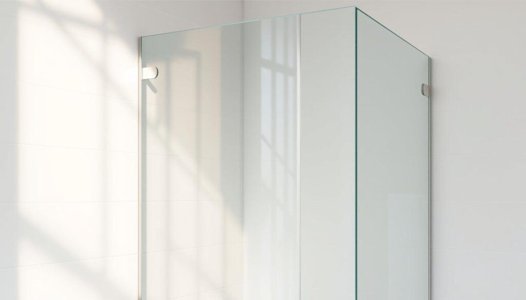 A sleek, modern shower enclosure in a minimalist bathroom setting. The glass panel measures 120-140 cm in height and width, seamlessly blending with the clean, white tiled walls. Soft, natural lighting filters through the translucent glass, creating a warm, spa-like ambiance. The frameless design showcases the material's clarity and elegance, while discreet metal fittings provide sturdy, yet unobtrusive support. The overall composition emphasizes the flexibility and customizable nature of this glass shower solution, perfectly suited for a variety of bathroom dimensions and layouts.
