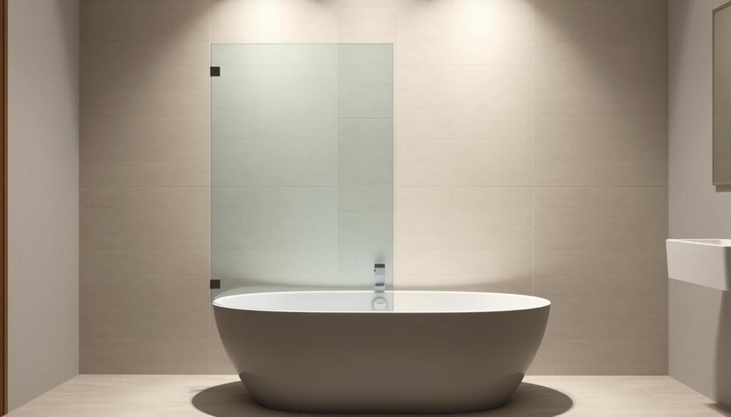 A sleek, modern shower screen installed in a minimalist bathroom setting. The frameless glass panel is mounted flush against the tiled wall, creating a seamless, contemporary look. The tub below is a classic, freestanding design in a muted color palette, complementing the understated elegance of the space. Soft, diffused lighting illuminates the scene, casting a warm, inviting glow. The overall composition emphasizes clean lines, high-quality materials, and a harmonious, spa-like ambiance, reflecting the design sensibilities of IKEA's bathroom solutions. A sleek, modern shower screen installed in a minimalist bathroom setting. The frameless glass panel is mounted flush against the tiled wall, creating a seamless, contemporary look. The tub below is a classic, freestanding design in a muted color palette, complementing the understated elegance of the space. Soft, diffused lighting illuminates the scene, casting a warm, inviting glow. The overall composition emphasizes clean lines, high-quality materials, and a harmonious, spa-like ambiance, reflecting the design sensibilities of IKEA's bathroom solutions.