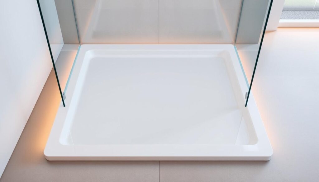 A sleek, modern shower tray in a minimalist bathroom setting. The tray is made of high-quality, durable acrylic material, seamlessly integrated into the floor for a clean, flush appearance. Warm, indirect lighting casts a soft glow, highlighting the tray's smooth, glossy surface and subtle contours. The tray is surrounded by elegant, frameless glass walls, creating an airy, spacious atmosphere. The overall scene conveys a sense of luxury, comfort, and attention to detail, perfectly suited for the "Duschwannen und Abmessungen: Höhe, Einbau und Nennmaß vs. Einrückmaß" section of the article.