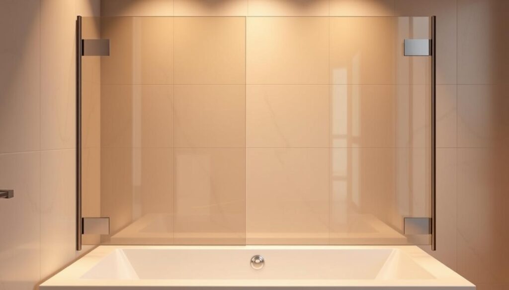 A sleek, modern shower wall for a bathtub, showcasing a minimalist design with clean lines and a seamless glass panel. The scene is bathed in warm, diffused lighting, creating a relaxing, spa-like atmosphere. The glass surface reflects the surrounding tiles, giving the impression of depth and expansiveness. The shower wall is positioned at an angle, allowing for easy access and a spacious, open feeling. The overall composition highlights the product's versatility, high-quality craftsmanship, and ability to elevate the ambiance of any bathroom.