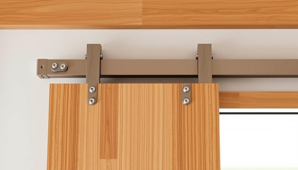 A sleek, modern sliding door hardware system in a warm, natural wood tone. The sturdy aluminum alloy track glides effortlessly, supported by polished stainless steel hangers. Precise engineering in the rollers and pivots ensures smooth, quiet operation. Soft lighting casts a gentle glow, illuminating the refined design. The track seamlessly blends into the surrounding architecture, allowing the door's graceful movement to take center stage. A masterful blend of form and function, this sliding door system embodies the pinnacle of thoughtful, high-quality craftsmanship.