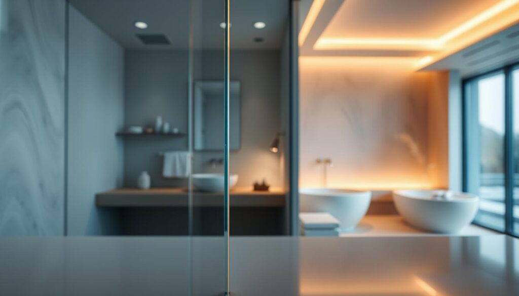 A sleek, well-lit glasswand stands in the foreground, its pristine surface reflecting the warm glow of a softly diffused lighting setup. The glass panels are seamlessly integrated, creating a frameless, minimalist aesthetic that enhances the sense of openness and spaciousness. The middle ground features a modern, high-end bathroom setting, with clean lines, neutral color tones, and subtle textural elements that complement the glass partition. In the background, a glimpse of a tranquil, spa-like environment with muted hues and a calming ambiance, conveying a sense of relaxation and luxury. The overall scene exudes a sophisticated, low-maintenance vibe, showcasing the versatility and timeless appeal of the glasswand as a practical and visually-striking solution for contemporary bathroom design.