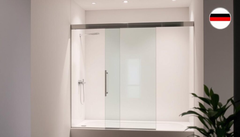 A sliding glass door, or "Schiebetür" in German, delicately framed in a modern, minimalist design. The tempered glass panels glide effortlessly along sleek metal tracks, creating a seamless transition between the bathroom and the surrounding space. Soft, diffused lighting gently illuminates the scene, highlighting the door's clean lines and the subtle reflections on the glass surface. The door is positioned in the corner of the room, allowing for a spacious, open layout that seamlessly integrates the shower and bathtub area. The overall atmosphere exudes a sense of sophisticated elegance and practicality, embodying the "Made in Germany" quality and the individualized solutions offered by glastuerhop24.de.