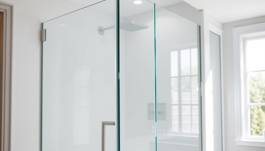 A sophisticated glass shower enclosure in a contemporary bathroom setting. The sleek, frameless shower wall panels feature a seamless, minimalist design with beveled edges, reflecting the elegant ambiance. Crisp natural lighting filters through the transparent glass, creating a bright and airy atmosphere. The shower area is positioned to showcase the refined craftsmanship, with a slight angled view to highlight the clean lines and attention to detail. The overall scene exudes a sense of modern luxury and spa-like tranquility, perfectly complementing the article's subject of high-quality glass shower solutions.