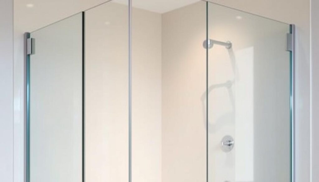 A spacious and modern shower enclosure, with a frameless glass panel that seamlessly blends into the bathroom's sleek design. The glass surface reflects the warm, diffused lighting, creating a sense of tranquility and relaxation. The panel is positioned to provide ample room for movement, allowing the user to enjoy a comfortable and unimpeded showering experience. The smooth, clean lines of the glass create an illusion of openness, making the space feel larger and more inviting. The absence of bulky frames or hardware ensures a minimalist, contemporary aesthetic that complements the overall bathroom decor. A spacious and modern shower enclosure, with a frameless glass panel that seamlessly blends into the bathroom's sleek design. The glass surface reflects the warm, diffused lighting, creating a sense of tranquility and relaxation. The panel is positioned to provide ample room for movement, allowing the user to enjoy a comfortable and unimpeded showering experience. The smooth, clean lines of the glass create an illusion of openness, making the space feel larger and more inviting. The absence of bulky frames or hardware ensures a minimalist, contemporary aesthetic that complements the overall bathroom decor.