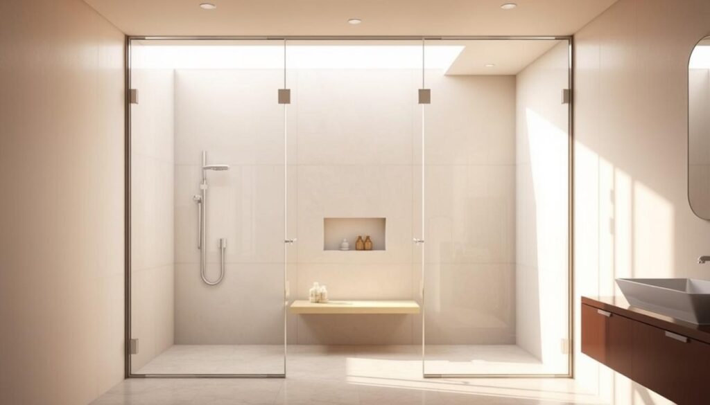 A spacious, elegantly designed walk-in shower enclosure with seamless glass panels that create a luxurious, minimalist aesthetic. The shower is bathed in soft, natural lighting, casting a warm, inviting glow. High-quality, frameless glass panels stretch from floor to ceiling, providing an unobstructed view and a sense of openness. Sleek, modern fixtures and fittings complement the glass, creating a harmonious, visually striking ensemble. The shower's layout is optimized for functionality, with ample space for movement and a convenient, integrated bench. This walk-in shower solution embodies the perfect fusion of form and function, elevating the bathroom experience to new heights of elegance and sophistication.