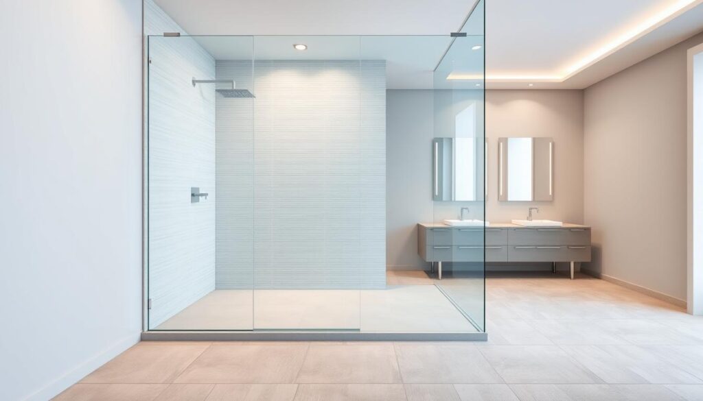 A spacious, modern bathroom interior with a glass shower enclosure as the focal point. The shower area features a sleek, frameless glass panel that seamlessly blends with the tiled wall, creating a clean, minimalist aesthetic. The lighting is soft and diffused, accentuating the transparency and reflective qualities of the glass. The floor is covered in a neutral-toned, textured tile, complementing the overall design. In the background, a large vanity with a modern sink and fixtures stands against a backdrop of neutral-colored walls, completing the serene and spa-like atmosphere.