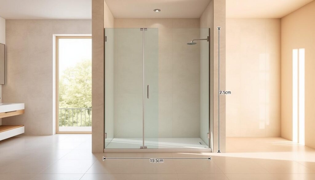 A spacious, modern bathroom with a glass shower enclosure. The sleek, minimalist trennwand (shower partition) is positioned in the center, its height and width precisely measured to perfectly fit the shower area. Warm, natural lighting filters in through a large window, casting a soft glow across the clean, tiled surfaces. The trennwand's frameless glass panels reflect the light, creating a sense of openness and airiness. The dimensions of the trennwand are prominently displayed, showcasing its customized fit for the shower's specific maße (dimensions) - höhe (height) and breite (width). The overall scene conveys a luxurious, spa-like atmosphere, highlighting the importance of selecting the right size trennwand for an optimal shower experience.