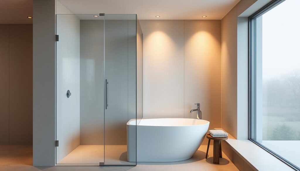 A spacious, modern bathroom with a sleek, frameless glass shower enclosure adjacent to a freestanding bathtub. The enclosure features clean, minimalist lines and a smooth, seamless glass panel that provides unobstructed views and a sense of openness. Warm, indirect lighting gently illuminates the scene, creating a relaxing and spa-like atmosphere. The enclosure is designed to be easily folded or retracted when not in use, blending seamlessly into the overall bathroom design. The high-quality materials and attention to detail showcase the thoughtful craftsmanship and functional elegance of this custom-fitted duschwand for the bathtub.