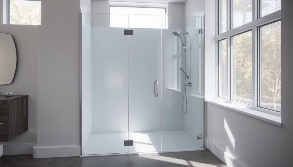 A spacious, modern walk-in shower enclosure with a sleek, frameless glass door and side panels. The shower is bathed in bright, natural light filtering in through large windows, creating a serene and spa-like ambiance. The glass surfaces have a subtle, frosted effect, diffusing the light and adding visual interest. The floor is lined with large, grey tiles, complementing the clean, minimalist aesthetic. A chrome shower head and fixtures add a touch of metallic contrast. The overall scene exudes a sense of luxury, tranquility, and attention to detail, perfectly suited for a high-end, customized bathroom space.