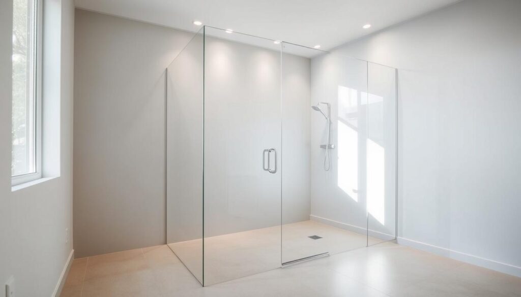 A spacious, modern walk-in shower with a frameless glass enclosure. The shower features a sleek, minimalist design with smooth, seamless walls and a frameless glass panel that extends from floor to ceiling, creating an open, airy feel. The lighting is a mix of natural daylight filtering in through a large window and strategically placed recessed lighting that casts a soft, warm glow throughout the space. The shower floor is covered in smooth, glossy tiles in a neutral color scheme, complementing the overall minimalist aesthetic. The glass panel is positioned to maximize the sense of space and flow, blending the shower seamlessly with the rest of the bathroom. A subtle, elegant chrome or brushed metal hardware finish completes the modern, high-end look.