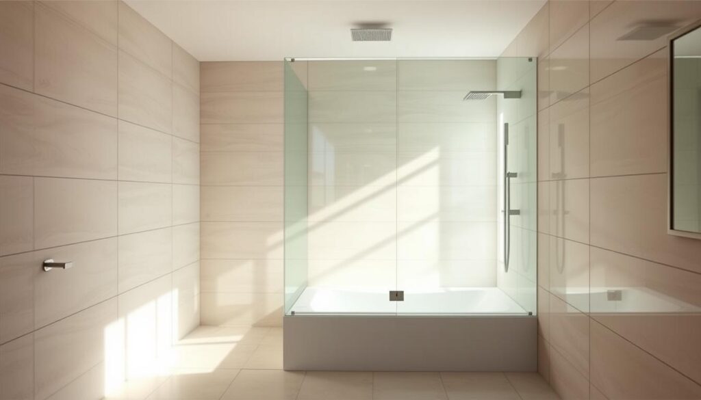 A spacious, well-lit bathroom interior showcasing a sleek, modern glass shower enclosure. The frameless glass panel, seamlessly integrated into the tiled walls, creates a seamless, minimalist aesthetic. Soft, natural lighting filters through the translucent glass, casting a warm, inviting glow. The shower area is generously sized, allowing for ample maneuvering space. The glass surface is smooth and polished, reflecting the surrounding tiles and fixtures. The overall design exudes a sense of elegance and spa-like luxury, perfectly suited for the "Badewanne Duschwand" theme and the "Modelle und Bauarten: Von freistehender Glaswand bis U-Lösung" section.