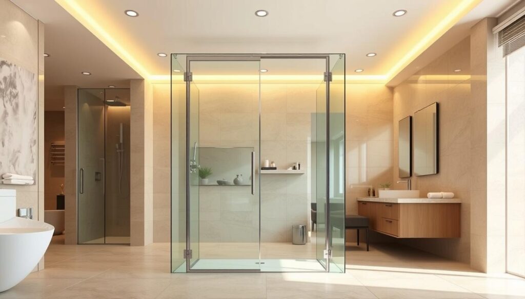 A spacious, well-lit bathroom interior with a modern, foldable glass shower enclosure in the foreground. The frameless glass panels seamlessly integrate with the tiled floor, creating a sleek, minimalist aesthetic. The enclosure features a discreet hinged door, allowing for easy access and a spacious entry. Warm, diffused lighting from recessed ceiling fixtures casts a soft glow, highlighting the clean lines and transparency of the shower. The background features neutral-toned wall tiles, a floating vanity, and other typical bathroom fixtures, establishing a harmonious, spa-like ambiance. The overall scene conveys a sense of elegance, functionality, and attention to detail in the design of this customizable shower solution.