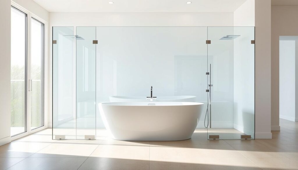 A spacious, well-lit bathroom interior with a modern, frameless glass shower enclosure installed around a contemporary freestanding bathtub. The glass panels have a seamless, minimalist design, allowing natural light to flood the space. The shower area is flanked by sleek, polished chrome fixtures, creating a cohesive, high-end aesthetic. The bathroom floor is covered in neutral-toned, large-format tiles, complementing the clean, sophisticated ambiance. Soft, diffused lighting from overhead fixtures casts a warm, inviting glow, highlighting the transparency and reflective qualities of the glass enclosure. The overall composition emphasizes the functional and aesthetic benefits of a custom-fitted glass shower wall for a bathtub, showcasing its modern, space-saving, and easy-to-maintain attributes. A spacious, well-lit bathroom interior with a modern, frameless glass shower enclosure installed around a contemporary freestanding bathtub. The glass panels have a seamless, minimalist design, allowing natural light to flood the space. The shower area is flanked by sleek, polished chrome fixtures, creating a cohesive, high-end aesthetic. The bathroom floor is covered in neutral-toned, large-format tiles, complementing the clean, sophisticated ambiance. Soft, diffused lighting from overhead fixtures casts a warm, inviting glow, highlighting the transparency and reflective qualities of the glass enclosure. The overall composition emphasizes the functional and aesthetic benefits of a custom-fitted glass shower wall for a bathtub, showcasing its modern, space-saving, and easy-to-maintain attributes.
