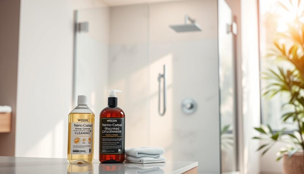A spacious, well-lit bathroom with a sleek, modern glass shower enclosure. The shower door features a gleaming, nano-coated surface that reflects the warm lighting, giving it a pristine, low-maintenance appearance. In the foreground, a bottle of specialized shower cleaning solution and a microfiber cloth stand ready to maintain the glass's flawless finish. The mid-ground shows the shower's interior, with a minimalist, tiled design and a handheld showerhead. The background reveals a serene, spa-like atmosphere, with lush plants and a serene, neutral color palette, conveying a sense of relaxation and rejuvenation.