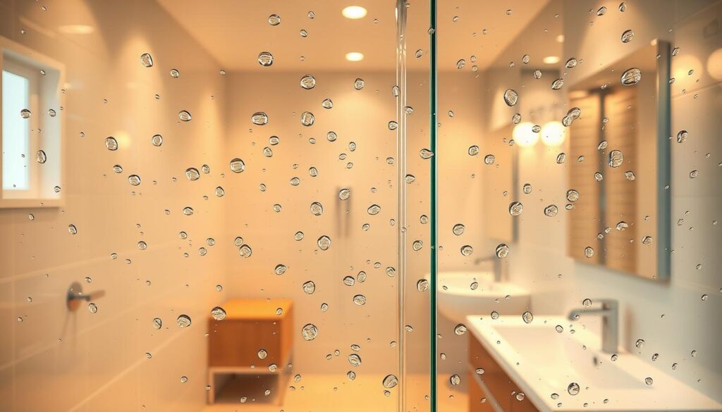 A sparkling clean bathroom with a gleaming glass shower enclosure, illuminated by warm, diffused lighting. The frameless, transparent panels reflect the tile floor and vanity, creating an airy, contemporary atmosphere. Droplets of water glisten on the surface, testament to the ease of maintenance. The entire scene conveys a sense of effortless cleanliness and enduring quality, perfectly suited for the "Montage, Reinigung und Pflege: Langlebige Qualität im Alltag" section.