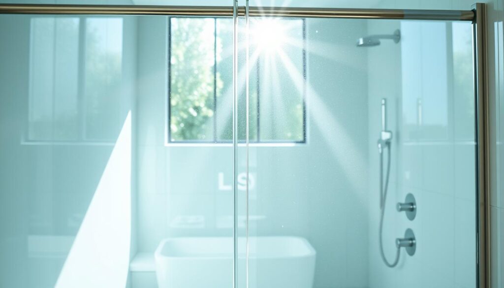 A spotless glass shower enclosure in a modern, well-lit bathroom. The glass panels reflect the bright, natural light filtering in through large windows, creating a sense of airy openness. Beams of sunlight dance across the sleek, streak-free surface, highlighting its crystal-clear transparency. A slim, minimalist chrome frame accentuates the glass, adding a touch of refined elegance. The bathroom's polished tiles and gleaming fixtures complement the pristine, pristine glass, creating an atmosphere of purity, cleanliness, and effortless sophistication. The overall scene conveys a serene, spa-like ambiance, where daily cleansing rituals are elevated to a pleasurable, rejuvenating experience.